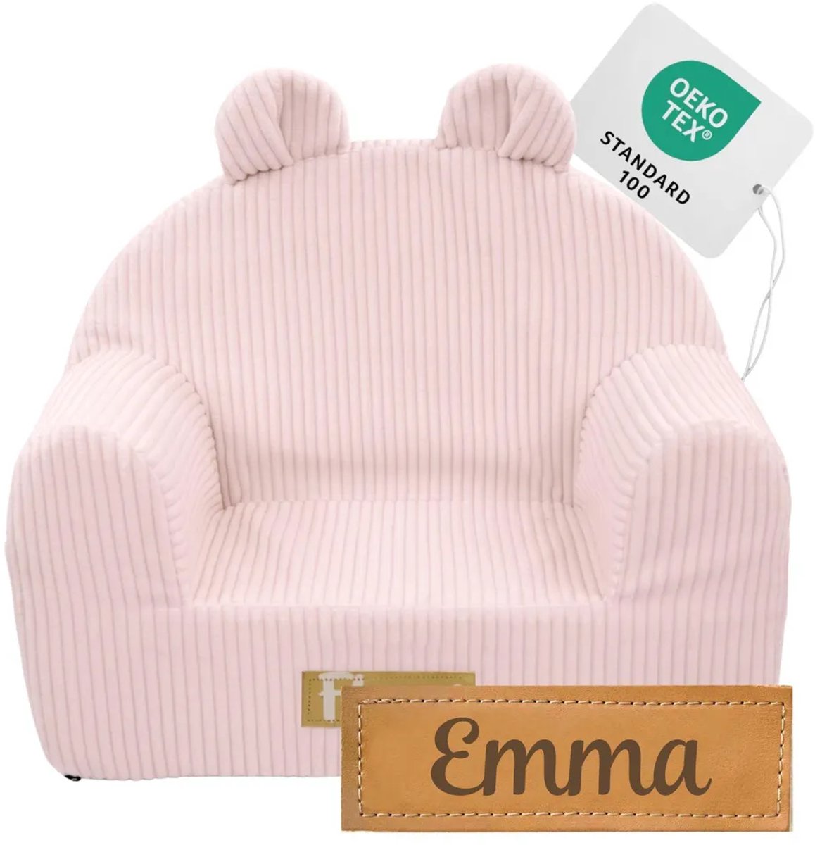 Flumi - Kinderfauteuil - Corduroy kinderstoel roze - Met oortjes - Gepersonaliseerd met naamgravure
