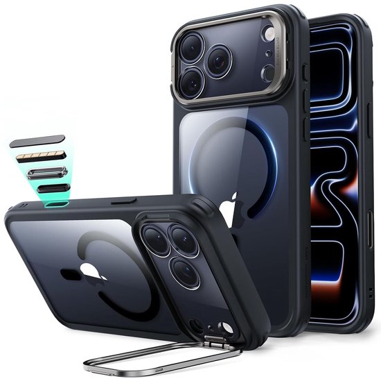 Zwarte en transparante ESR hoesjes voor iPhone met MagSafe, deels open met standaard uitgeschoven.