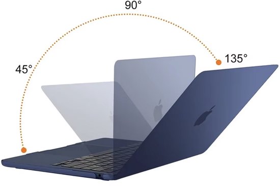 Een donkerblauwe MacBook-hoes die de openingshoeken van 45°, 90° en 135° demonstreert met een cirkelvormige pijl.