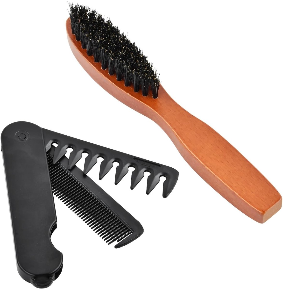 Beard Brush en Pocket Comb Set voor Mannen, Ideaal voor Stijl, Hoofdhuidmassage en Vermindering van Haarbreuk (2-delige Set)