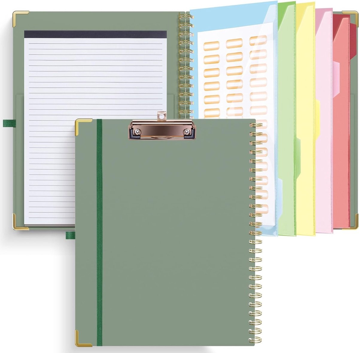 Clipboard met Vervangbaar Gevoerd Notitieblok, A4 Spiral Clipboard met 5 Vakken, Organizer voor Verpleegkundigen en Kantoor, Ideaal voor School en Werk, Groen