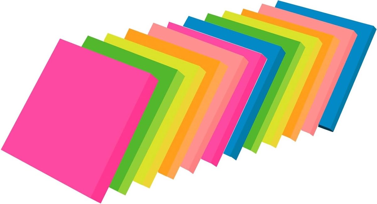 Kleurrijke zelfklevende notities, 76 x 76 mm, 100 vel per blok, verbeterde kleefkracht, 12 blokken