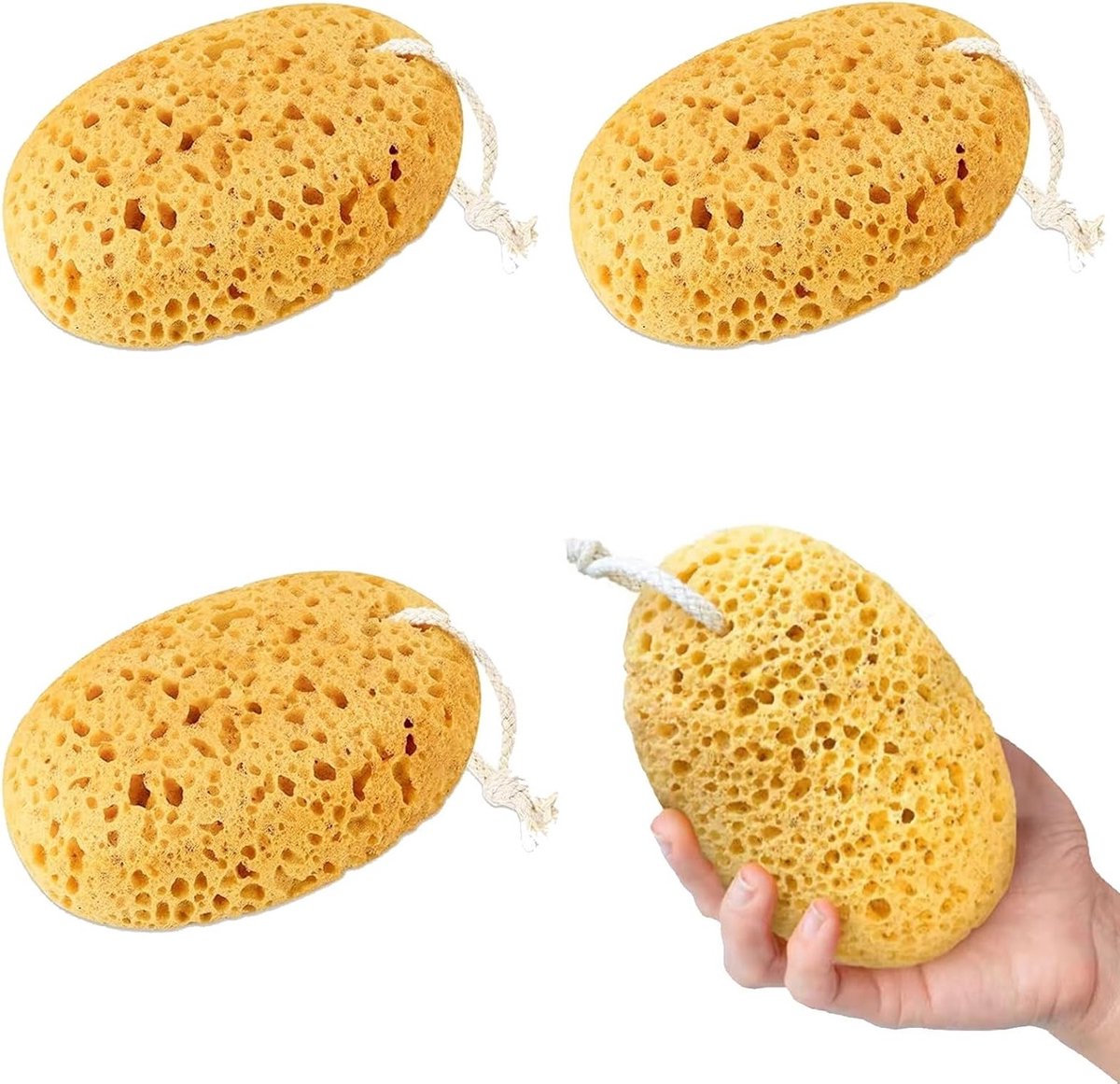 Natuurlijke Bad Spons Set van 3 Stuks met Koord, Peeling Spons voor Douche en Bad, Geschikt voor Alle Huidtypes en Lichaamsverzorging