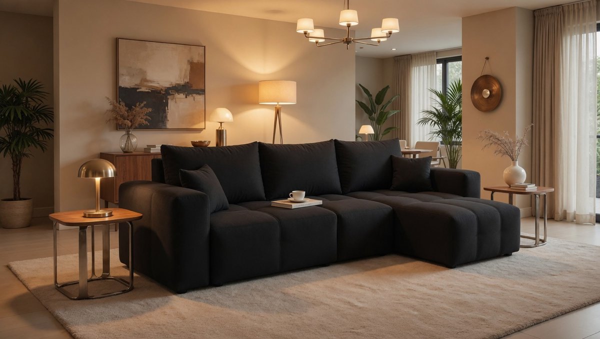 Hoekbank met Slaapfunctie en Bedlade – Arqam UrbanNight Luxe L-vorm Slaapbank 3-Zits Uitklapbaar – Modern Design Links/Rechts – Zwart – 248x145 cm – Velvet Look Bankbed
