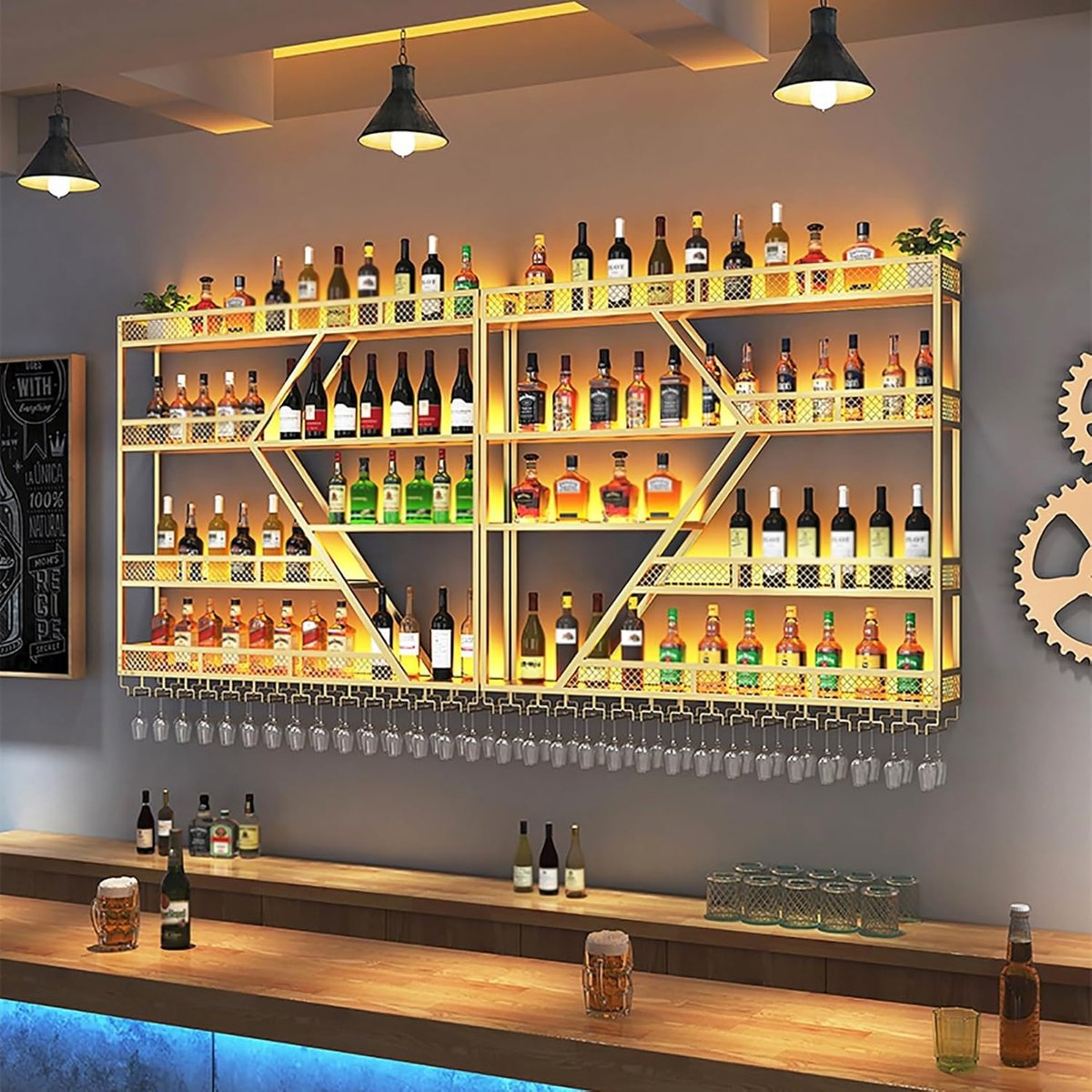 Wandgemonteerd wijnrek met LED verlichting en glazenhouder – Zwevend metalen wijnflessenrek & wandplank in industrieel design – Multifunctionele opberg- en displayoplossing voor keuken, bar, eetkamer en woonkamer | HomebyNicole
