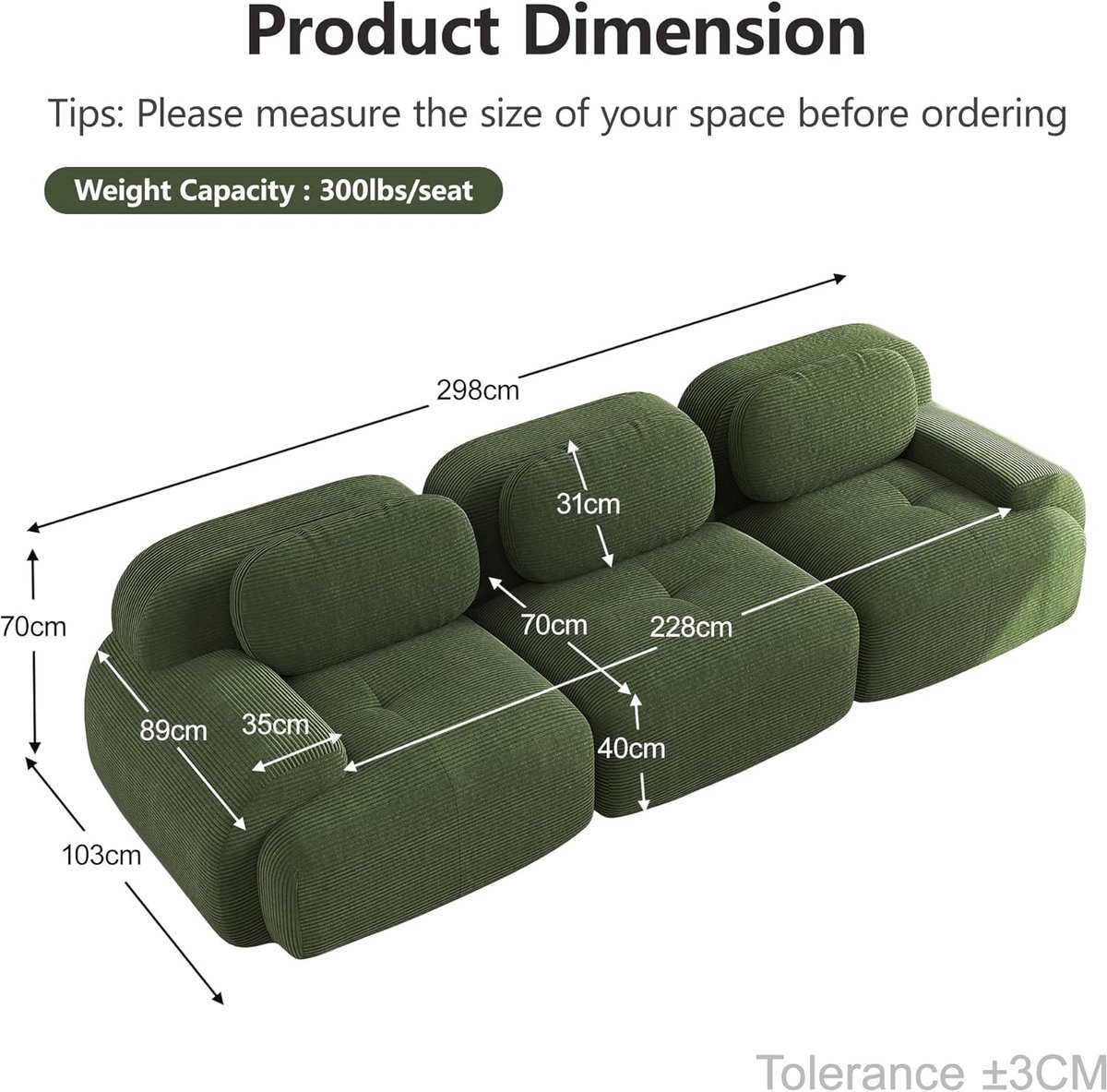 Modulaire slaapbank 3-zits – Arqam CloudFlex Corduroy Sofa – Groen – Zonder montage – Luxe cloud bank woonkamer – Ergonomische modulaire hoekbank – 600 kg draagvermogen – Slaapbank modern design