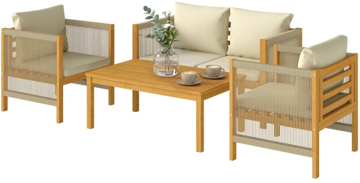 Tuinset - Houten Loungeset met 2-Zitsbank, 2 Fauteuils, Salontafel & Kussens - Tuinmeubelset voor 4 Personen - Tuinbank - Zitset - Tuinsalon voor 4 Personen - Zitgroep - voor Terras, Balkon, Tuin - Beige