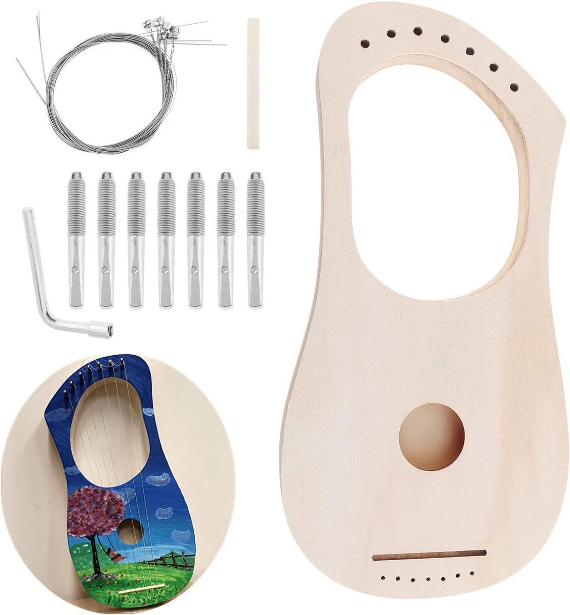 DIY 7 Snaar Haring Kit - Maak Je Eigen Houten Lier Harp met Tuning en Touw Polesaddle