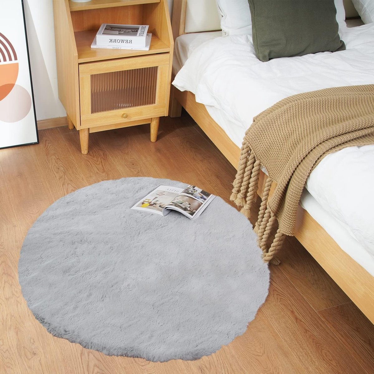 Ronde Shaggy Pluche Vloerkleed 90x90cm, Fluffy en Wasbaar, Antislip Achterkant voor Woonkamer en Slaapkamer, Grijs
