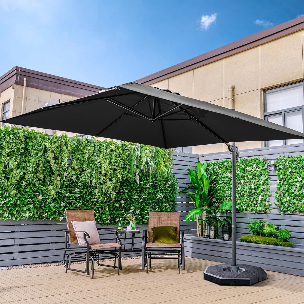Zweefparasol 300x300 cm - Grote Vierkante Terrasparasol 360° Draaibaar & Kantelbaar met Zwengel, Waterdicht UV-bestendig Polyester, Robuust Stalen Frame & Kruisvoet voor Tuin, Terras, Balkon en Horeca - Zwart - Faisal