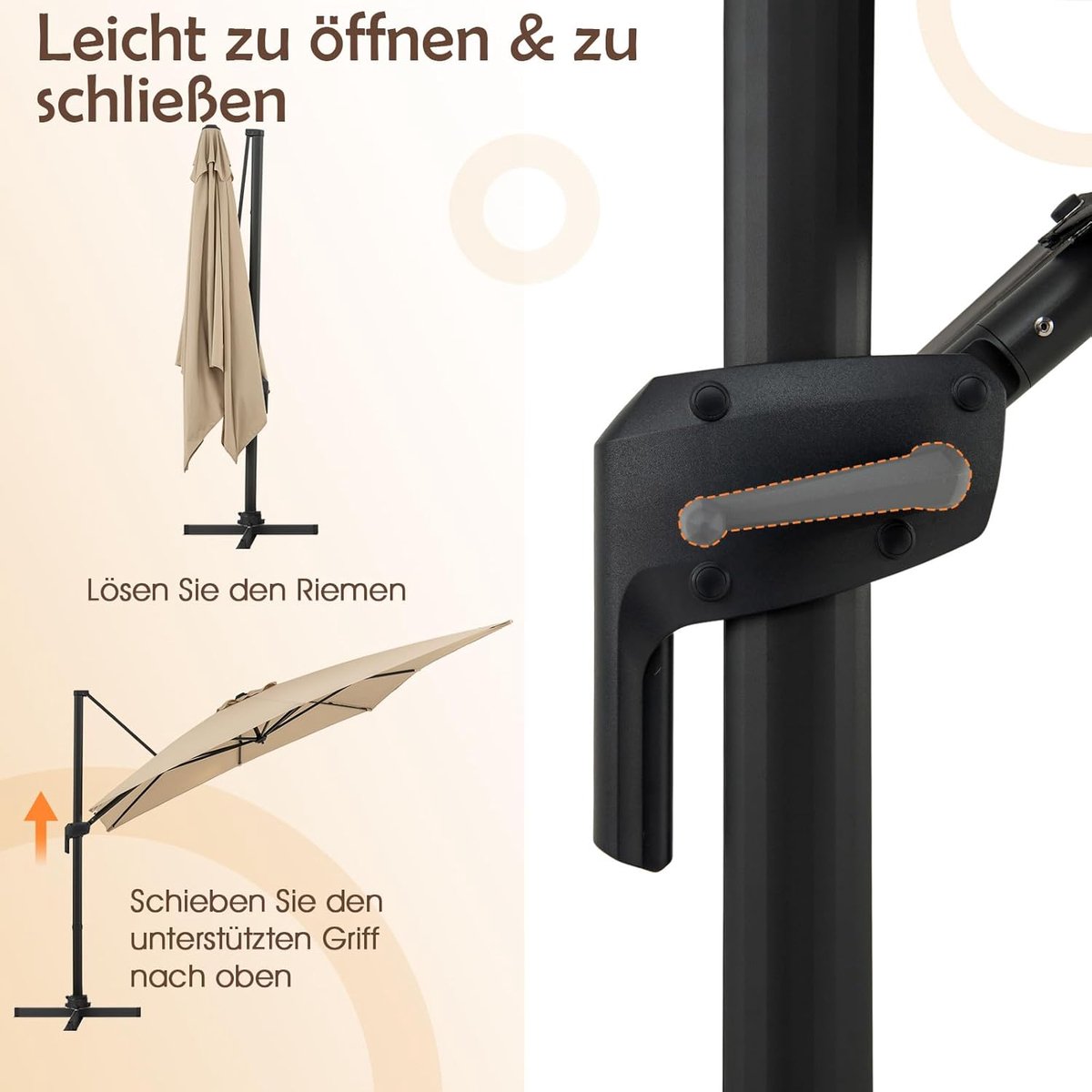 Zweefparasol 300x300 cm Vierkant – Kantelbaar & 360° Draaibaar – Grote Luxe Tuinparasol met Zwengel en Aluminium Frame – UV-Bescherming en Waterafstotende Polyester – Terras Parasol Beige – Faisal