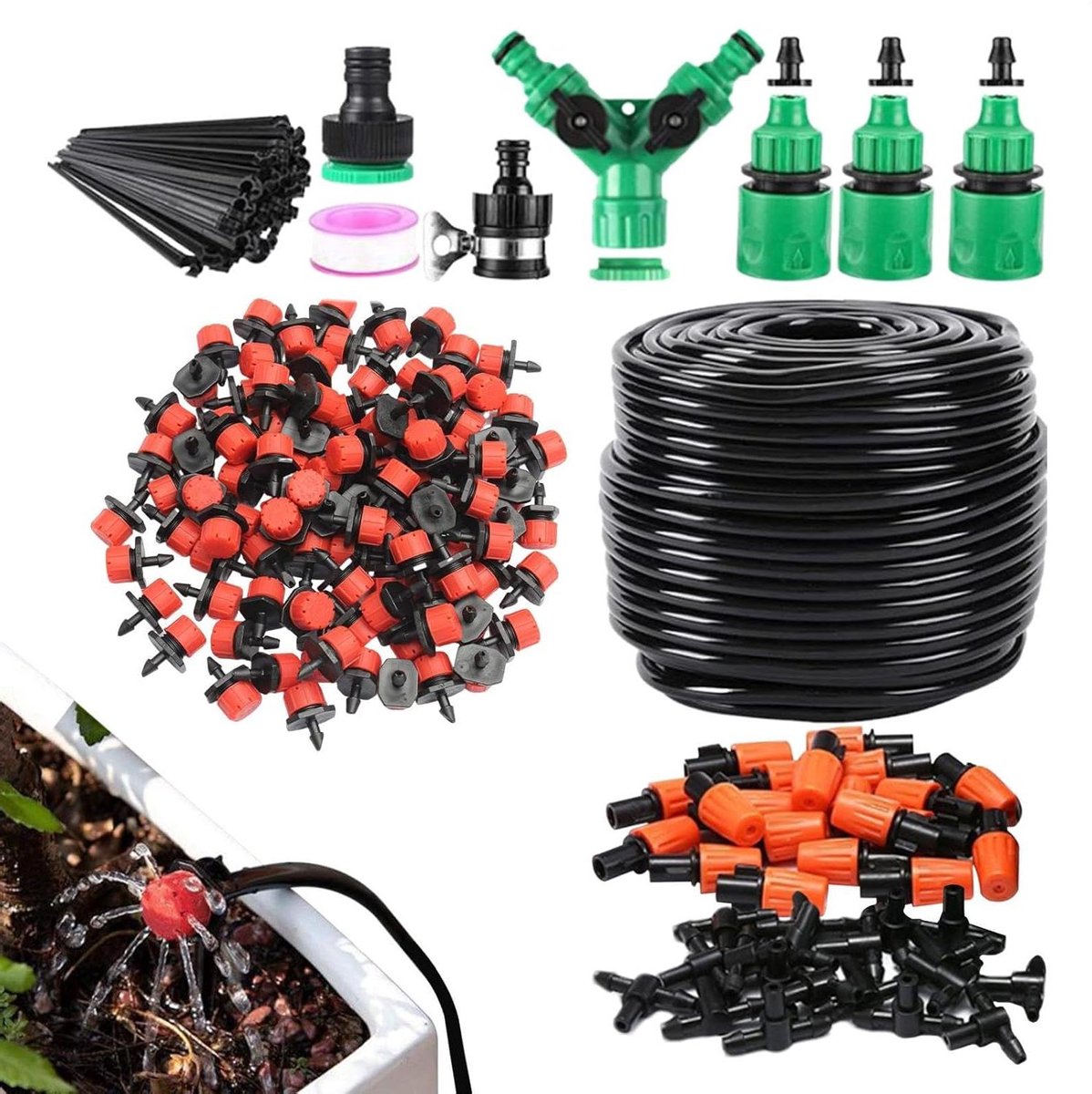 Druppelirrigatie Set - Automatisch Watersysteem - Planten Water Geven - Gelijkmatige Verdeler - 50 Meter Slang - Zwart