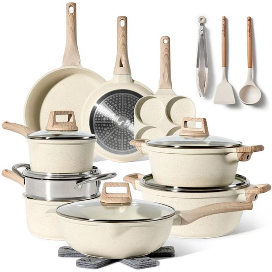 Just Perfecto 21 Delige Pannenset Inductie - Beige Pannenset Met Deksel Voor Gas en Inductie - PFAS vrij - Koudgrepen