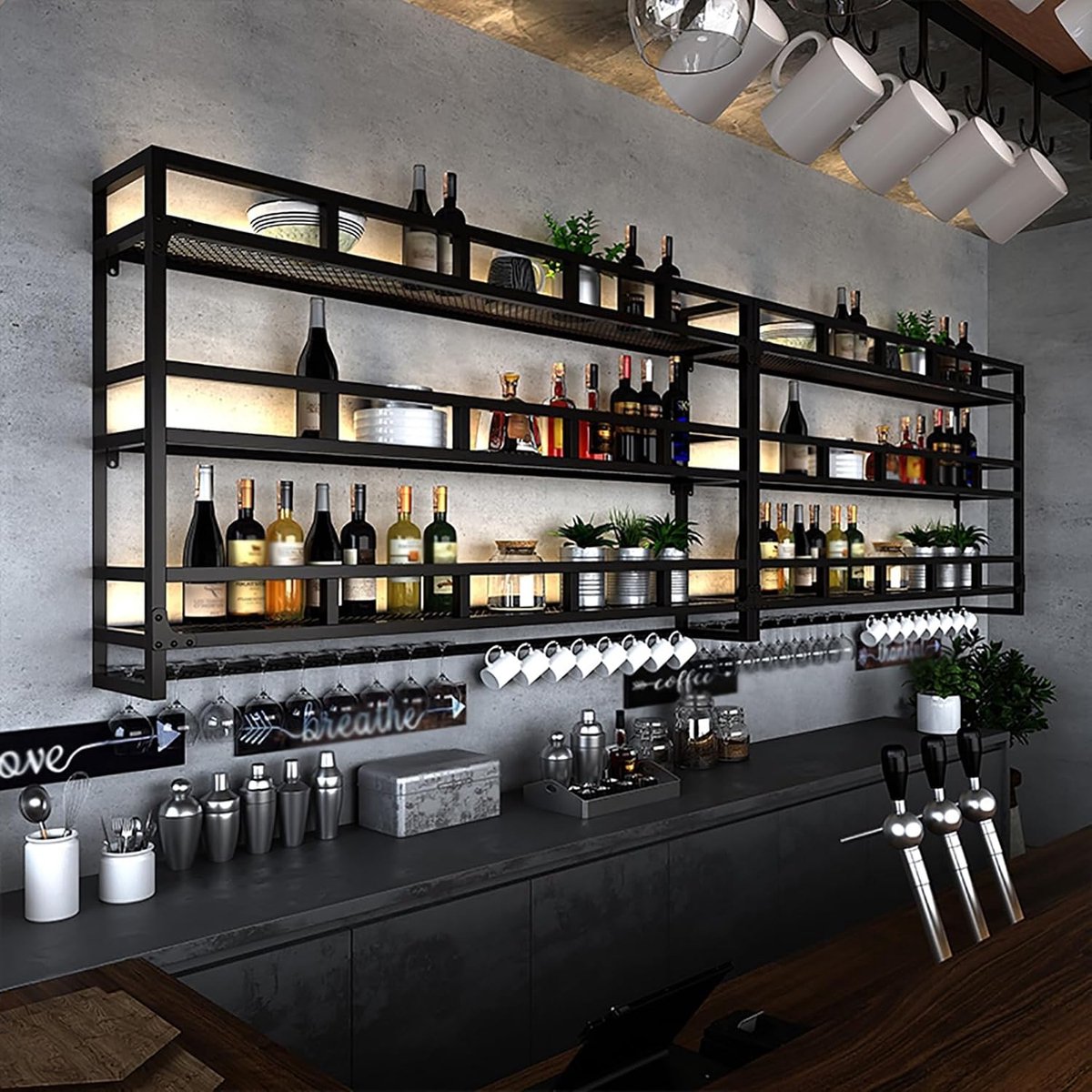 Wall Mounted LED Wine Rack 100cm – 3 Tier Floating Wine Bottle & Glass Holder Shelf – Industrial Modern Metal Home Bar Unit with LED Lighting – Kitchen Dining Room Display Storage – HomebyNicole