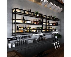 Wall Mounted LED Wine Rack 100cm – 3 Tier Floating Wine Bottle & Glass Holder Shelf – Industrial Modern Metal Home Bar Unit with LED Lighting – Kitchen Dining Room Display Storage – HomebyNicole
