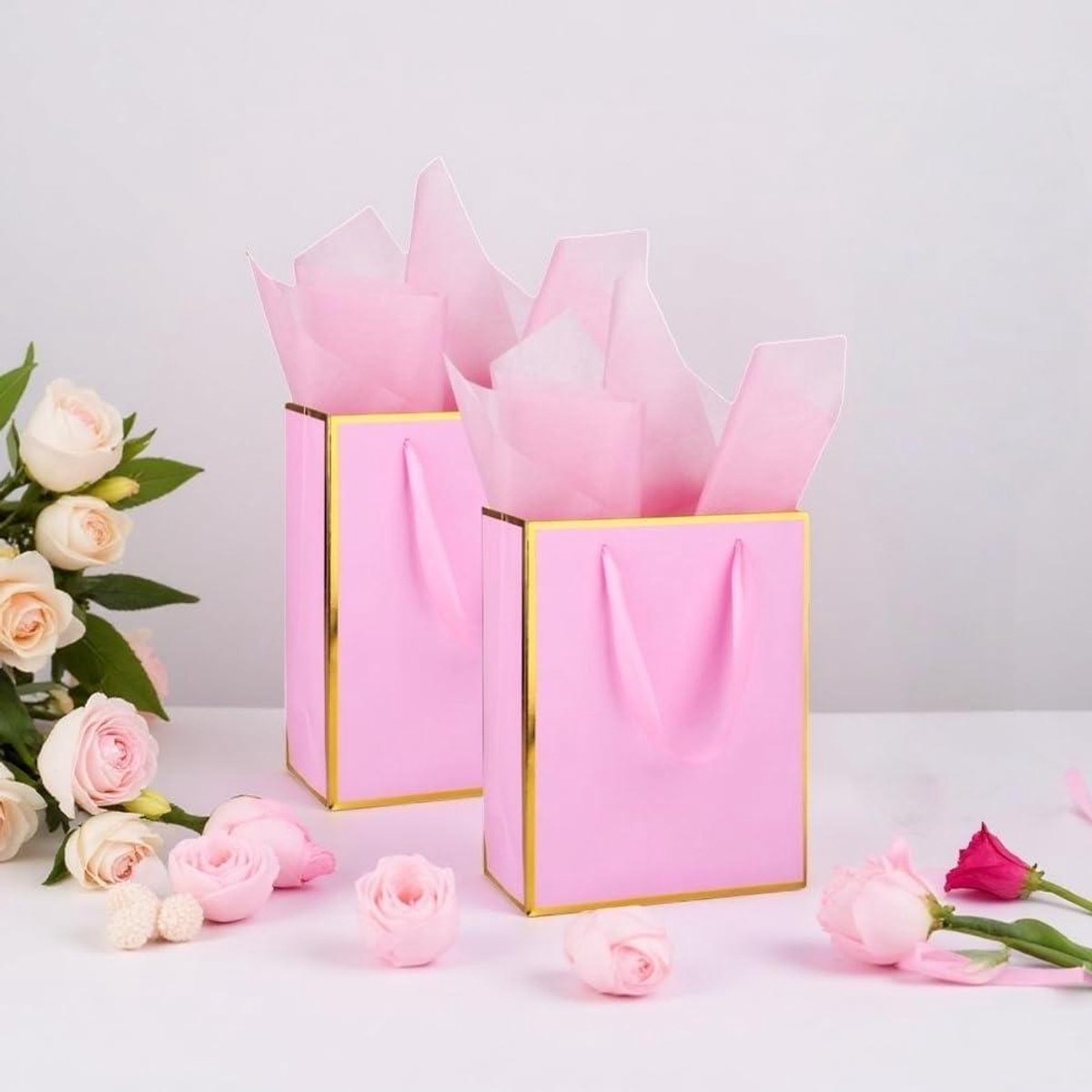 Geschenkzakjes met handvat - Papieren zakken - Cadeaus inpakken - Metallic afwerking - 25 stuks - Roze Goud