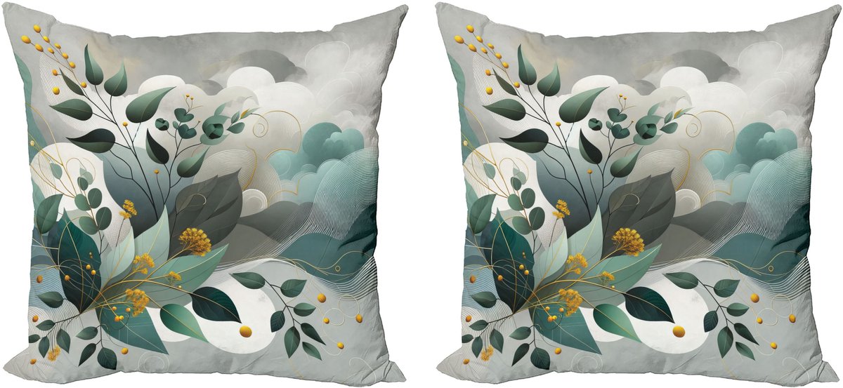 ABAKUHAUS Decoratieve kussenhoezen met eucalyptusbladmotief, 2 stuks, moderne accenten, dubbelzijdige digitale print, 40x40 cm, zeegroengrijs Donker zeegroen grijs teal