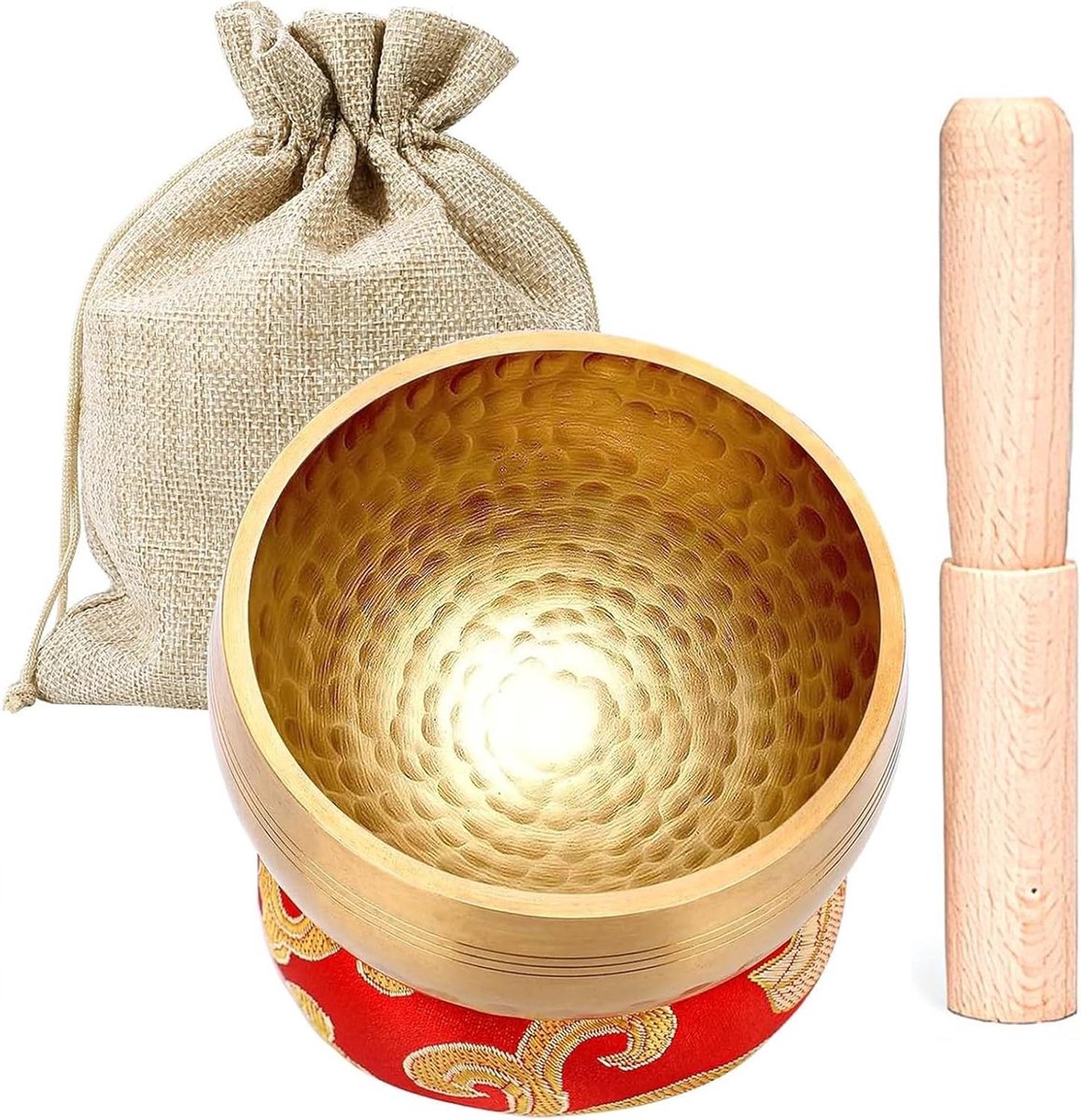 Meditatiekruik met houten stok, kussen en stoffen opbergtas voor yoga en chakra-balans