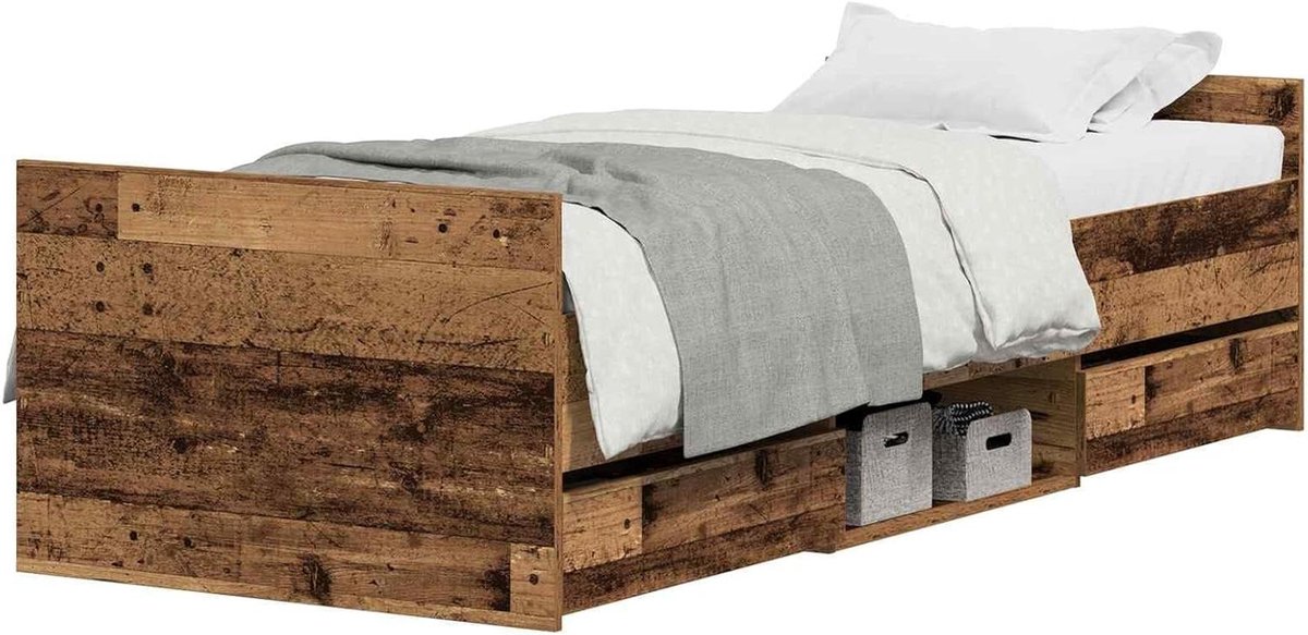 Bedframe met hoofdeinde - Moderne bedombouw - Slaapkamer inrichten - Stevige houten constructie - 193 x 78 cm - Oud hout