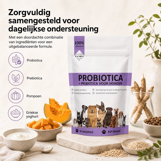 Verpakking met 'Probiotica + Prebiotica voor Honden', '100% Natuurlijk', honden, pompoenblokjes en yoghurt.