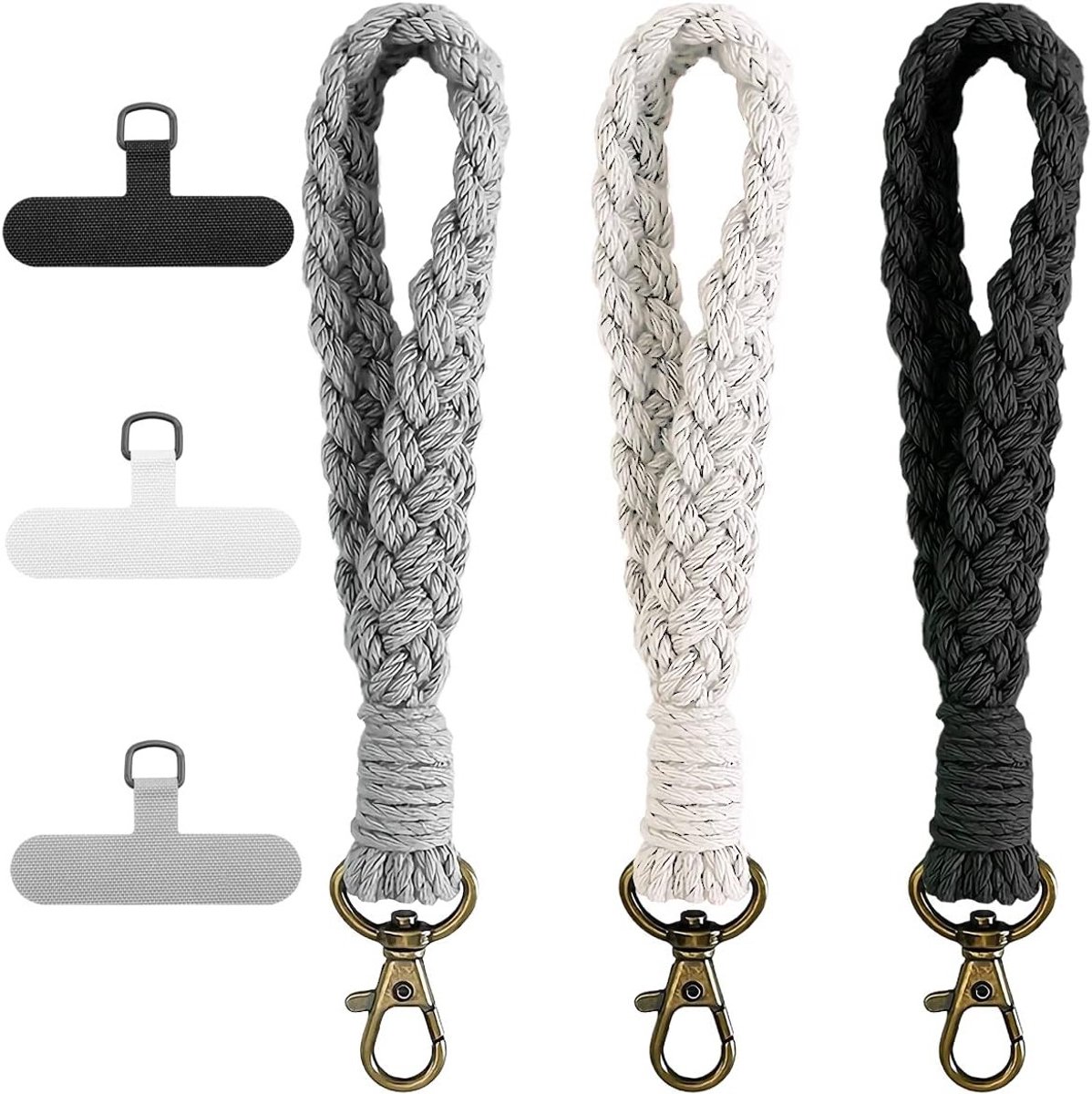 Handgemaakte Boho Macrame Telefoon Polsband met 3 Telefoon Tether Tabs en Universele Sleutelhanger voor Smartphones en Sleutels