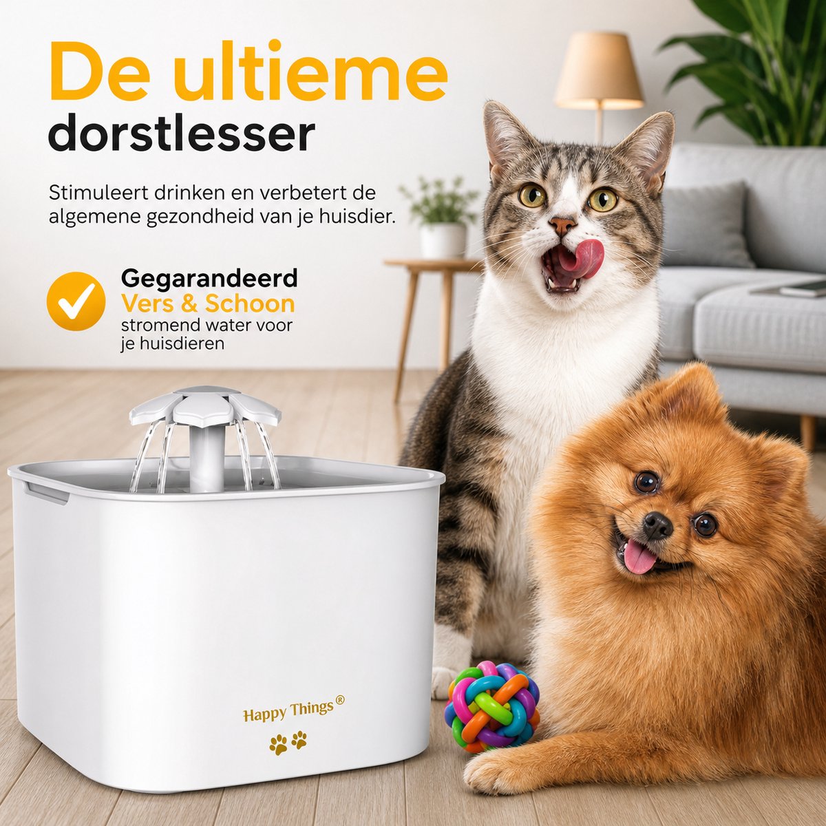 Happy Things® Drinkfontein Kat & Hond GOLD – 2.5L Geruisloze Kattenfontein met 4 Filters – Stijlvolle Waterfontein – Gezonde Hydratatie voor Huisdieren thumbnail 5
