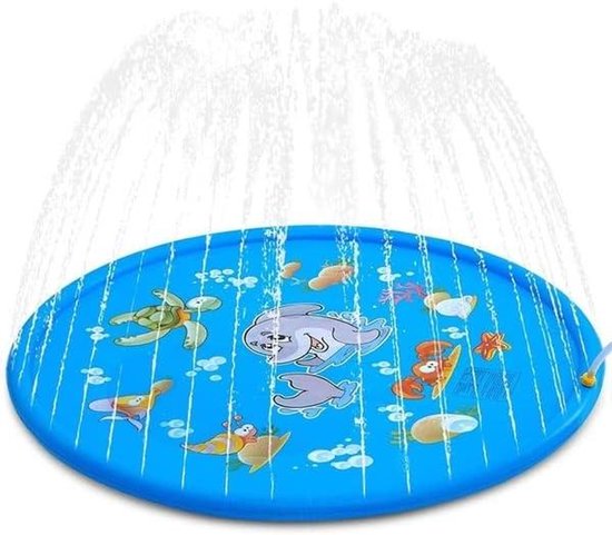 Blauwe waterspeelmat met zeedieren zoals een dolfijn, zeeschildpad, krab en vissen. De mat sproeit water.