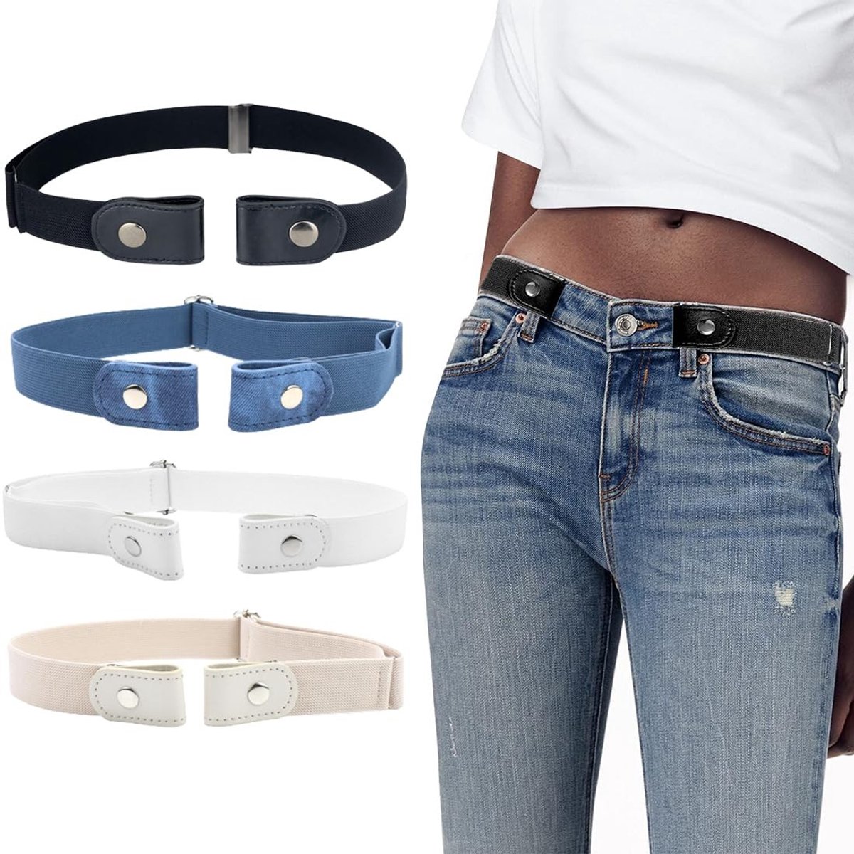 Set van 4 Elastische Riemen Zonder Gesp - Stretch Riem voor Dames en Heren - Zwart - Maat L