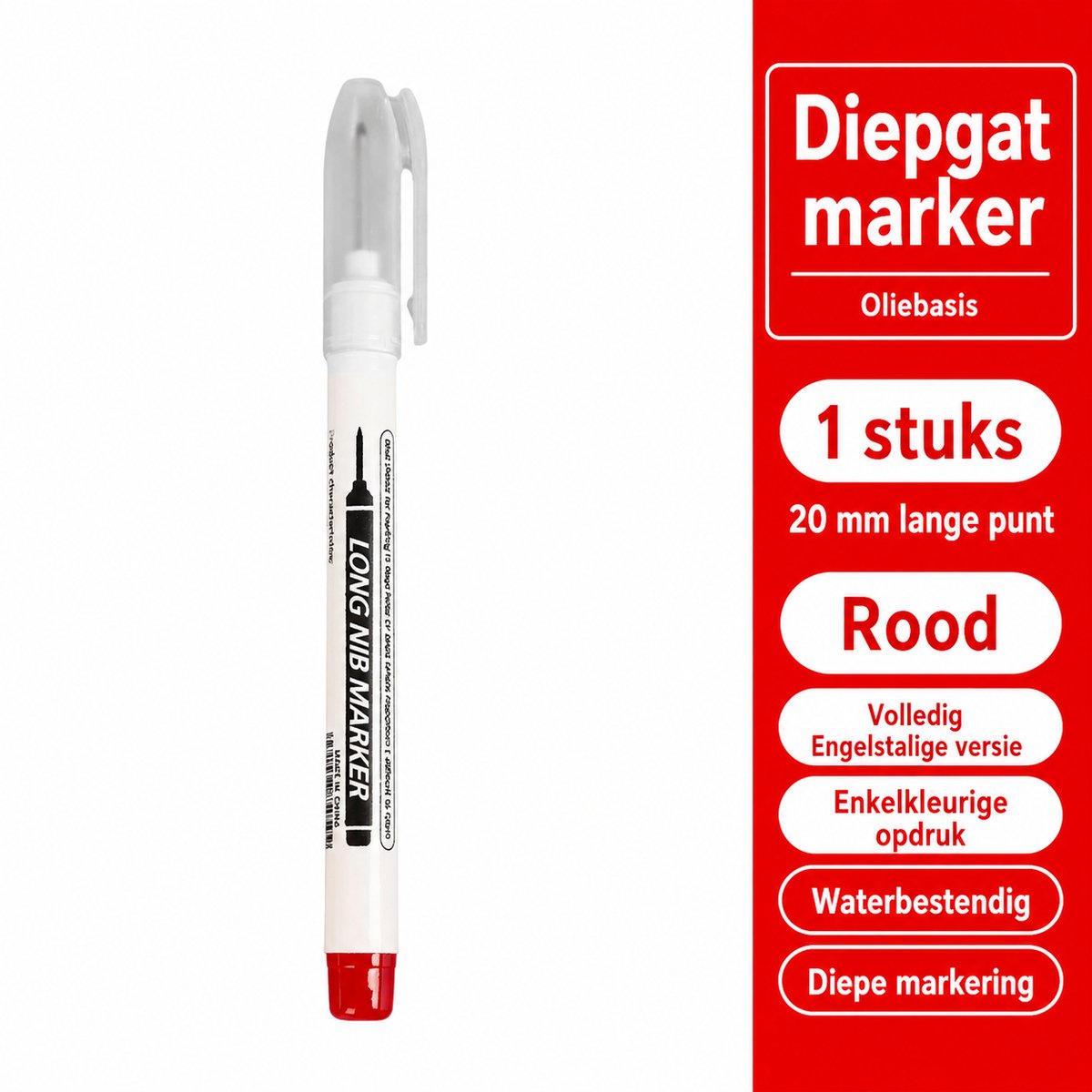 TLVX Lange Permanent Marker Rood – Markeerstift – Verlengde Timmermans Inkt Potlood – Bouw Markering stift – Timmerman Pen Dun - 20mm Long Tip Marker – Diep Gat – Teken Hout, Metaal, Glas, Spiegel, Tegels, Beton, Keramiek – Rode Inkt – 1 stuks