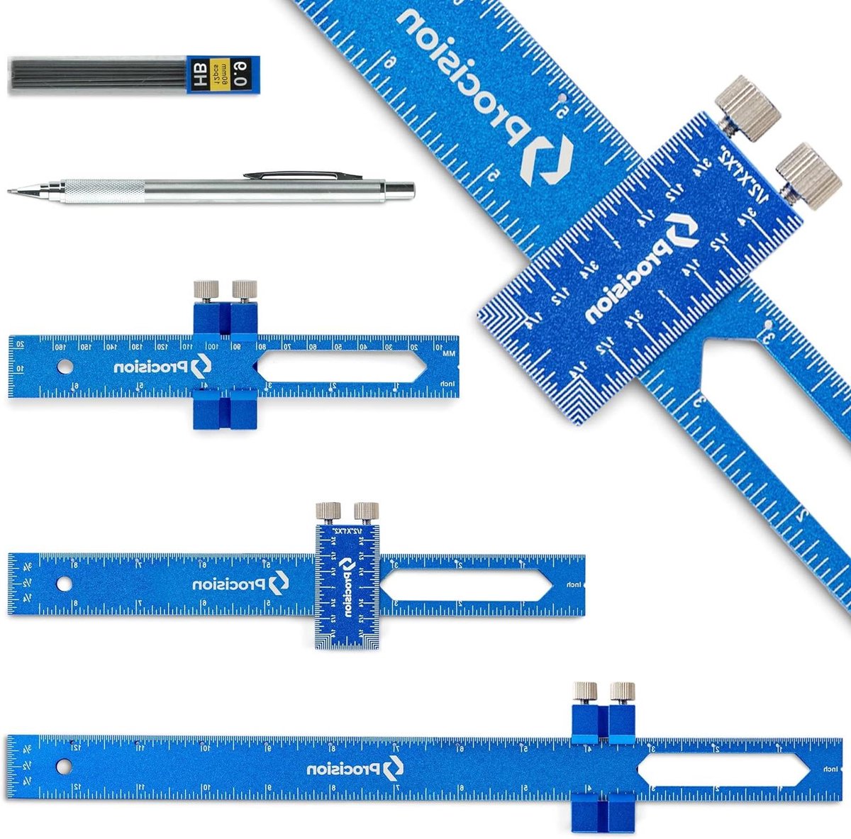 Houtbewerking Liniaal - Zak Liniaal - Nauwkeurig Meten - Bredere Schuifbevestiging - Set van 3 - Blauw