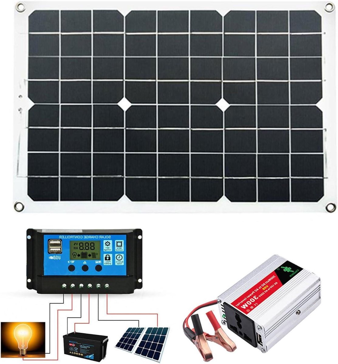 Zonne-energiekit - Solar laadregelaar - Off-grid stroom - Met 18W paneel - 30A regelaar - Zwart