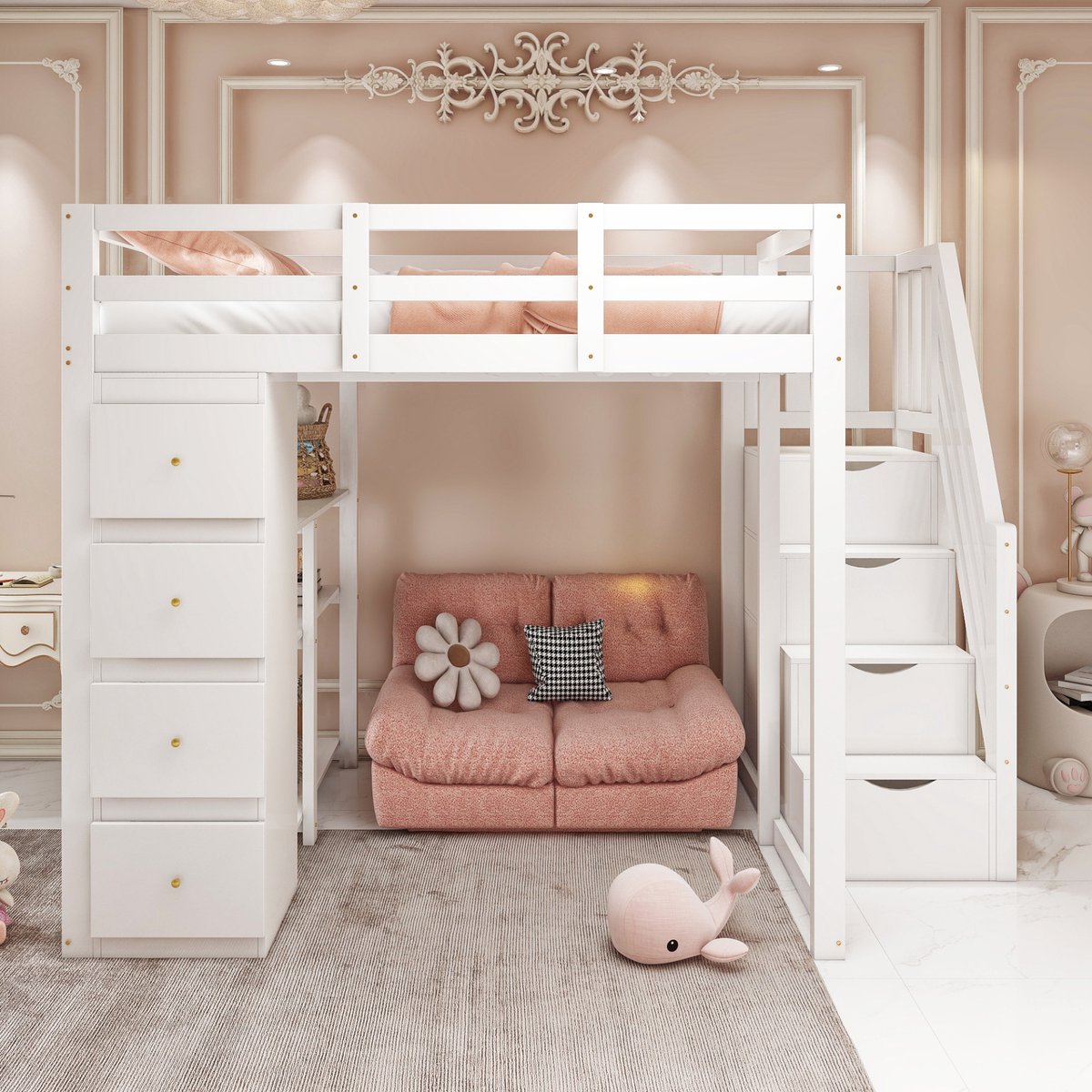VVBV Hoogslaper 140x200 – Opbergrekken en Ladder – Massief Hout – Wit – met Opbergruimte – Multifunctioneel – Lades – Lattenbodem – Kinder Hoogslaper White
