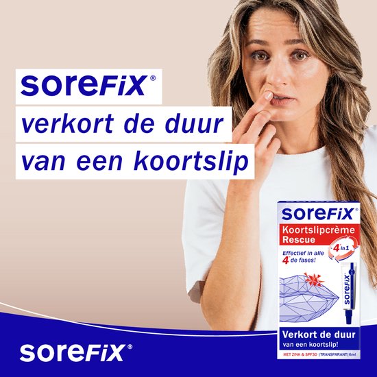 Vrouw met witte t-shirt die haar neus aanraakt, naast een doosje SoreFix Rescue. Tekst: 'SoreFIX verkort de duur van een koortslip'.
