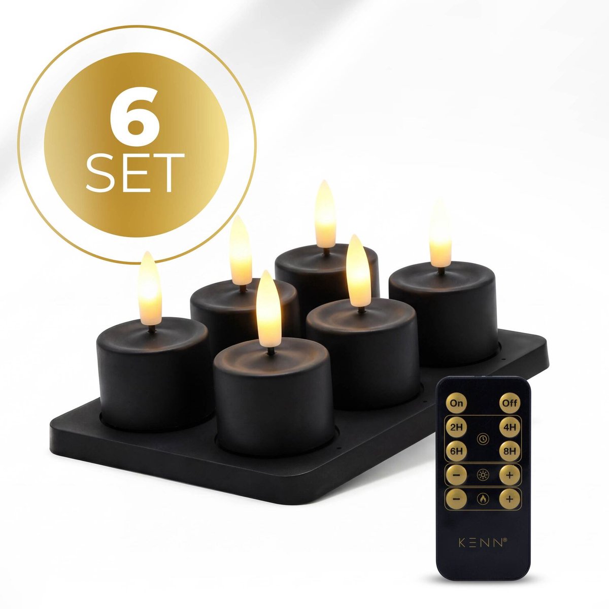 KENN® GlowPro™ Oplaadbare Waxinelichtjes – Tot 350 Branduren – Set van 6 – Zwart – Met Afstandsbediening – Magnetisch Oplaadstation – Timer – Realistische Wax Look & Feel – LED Waxinelichtjes – Oplaadbare Theelichtjes – Oplaadbare Kaarsen – Horeca