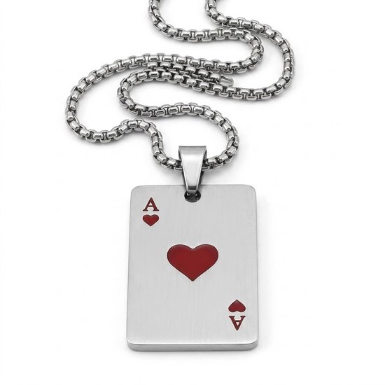 Zilverkleurige aas van harten hanger ketting voor heren – schakelketting met speelkaart design