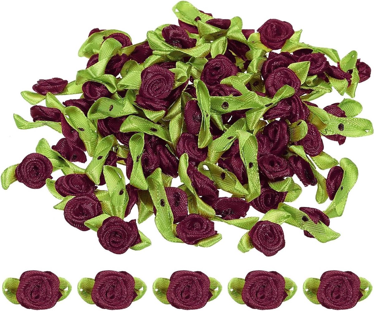 Mini Lint Rozen - Stof Bloemen Applicaties - DIY Knutselen - Met Groene Bladeren - 100 stuks - Donkerrood