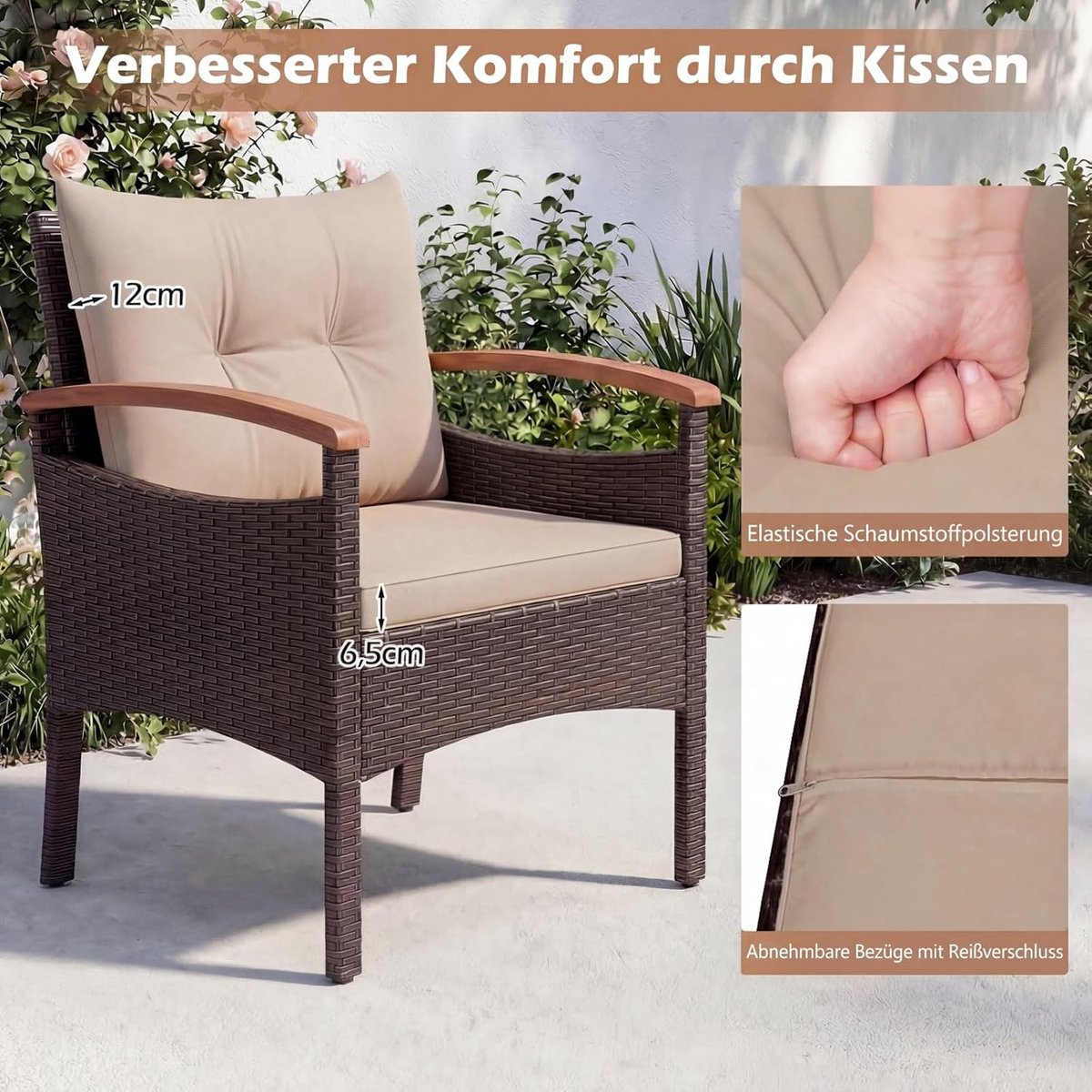 Tuinmeubelset 5-delig 60,5 x 60 x 73 cm – Luxe PE Rotan Loungeset met Acaciahout, Inclusief Kussens en 3-in-1 Voetenbanken – Weerbestendige Balkon & Tuin Set Kaki – Nicolehome