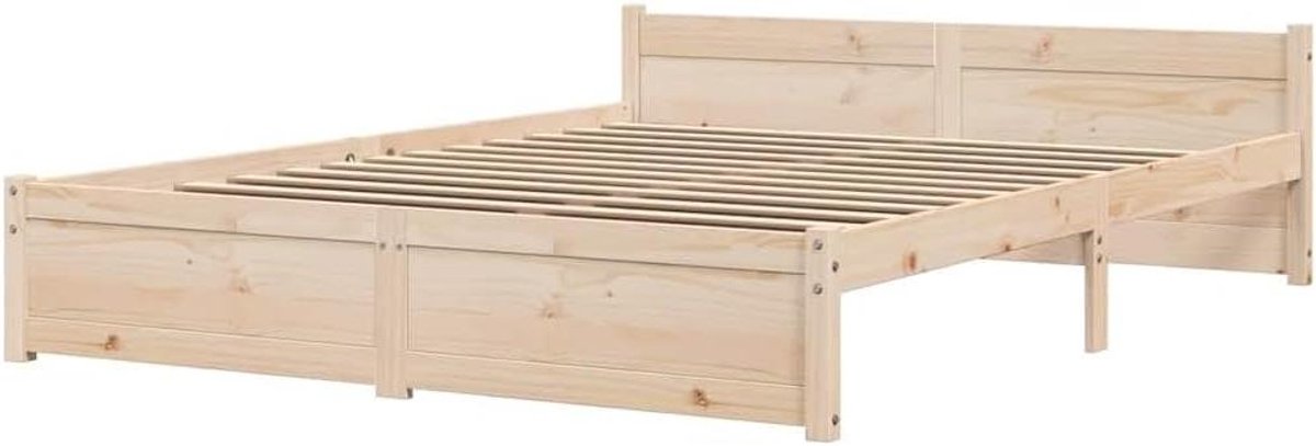 Houten Bedframe - Ledikant Massief Hout - Moderne Slaapkamer - Klassiek Hoofdeinde - 135x190 cm - Naturel
