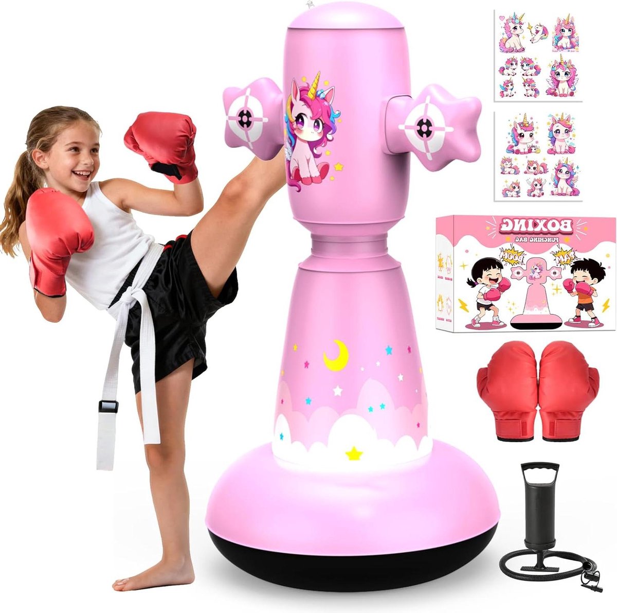 Opblaasbare Bokszak - Staande Boksbal - Kinderen Laten Bewegen - Creatieve Doe-het-zelf Stickers - 142 cm - Roze