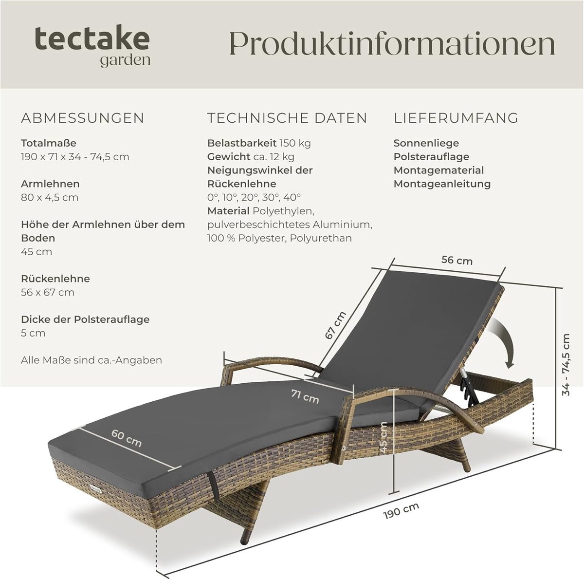 Ligstoel Tuin Rotan 190x71x74,5 cm – Verstelbare 5-Standen Zonnestoel Aluminium Frame Weerbestendig Polyrotan Outdoor Relaxbed met Zachte Bekleding voor Tuin, Balkon & Terras – Nicolehome