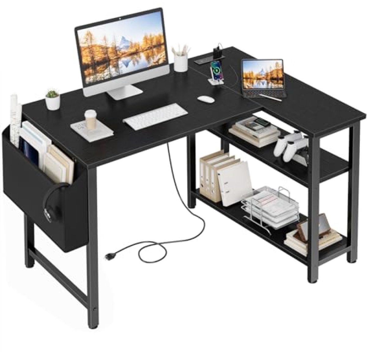 PromoHome L-vormig computerbureau met oplaadstation en opbergplanken - Zwart