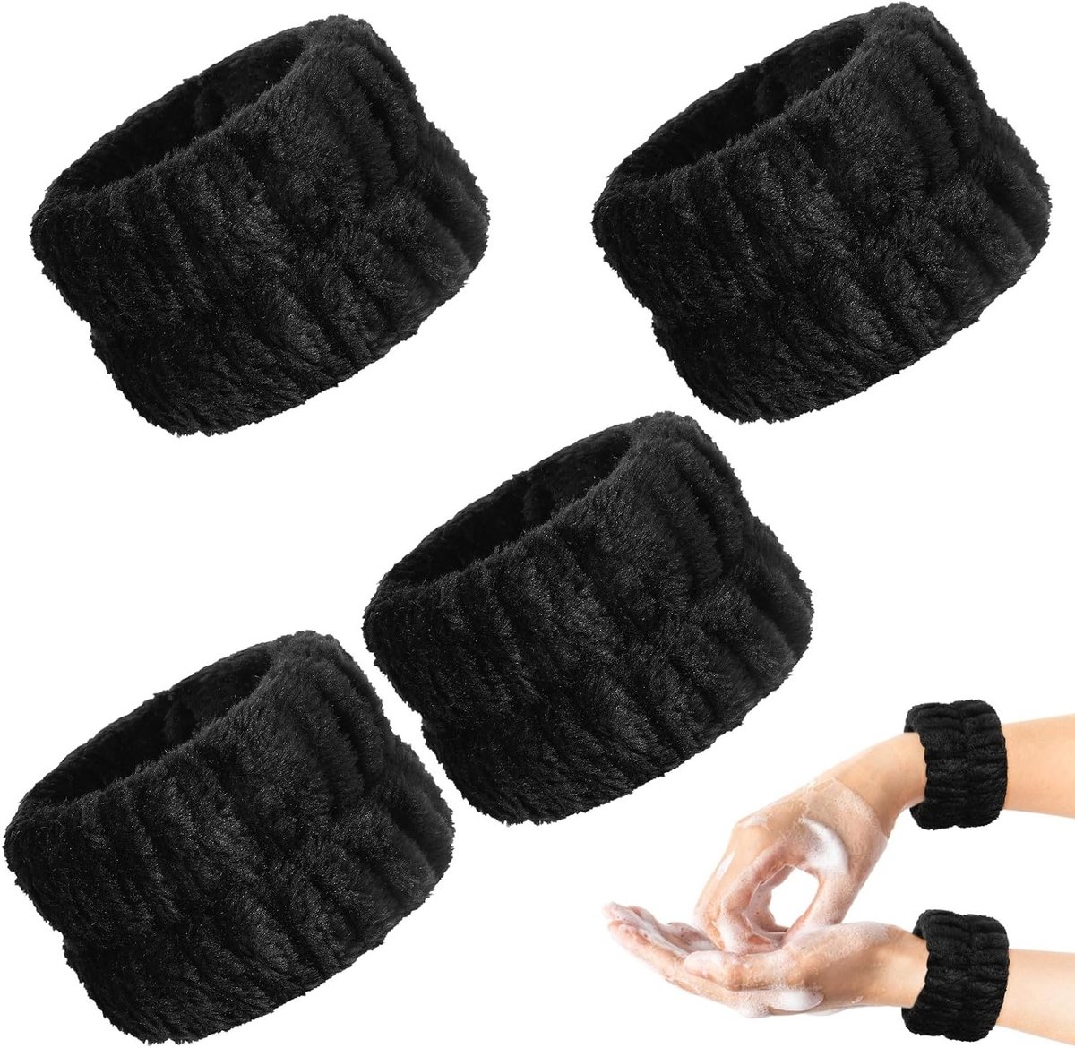 Set van 4 Microfiber Polsbandjes voor Spa en Gezichtsreiniging, Absorberende Pols Wraps voor Douche en Schoonheidsbehandelingen (Zwart)