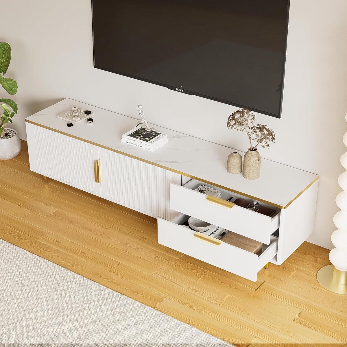 Tv-meubel - Mediabuffet Dressoir - Tv Kijken Organiseren - Gestructureerd Marmer Oppervlak - 175x40x45cm - Wit