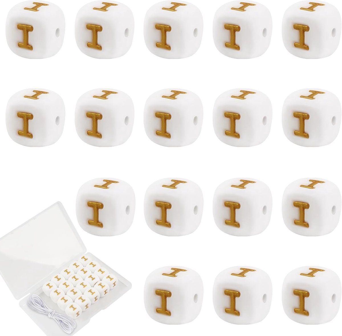 20 Stuks Siliconen Letter Kralen voor Armbanden, 12 mm Gouden Alphabet Kralen en 2 Meter Draad voor Kettingen, Mode Sieraden, DIY Telefoonkettingen en Sleutelhangers
