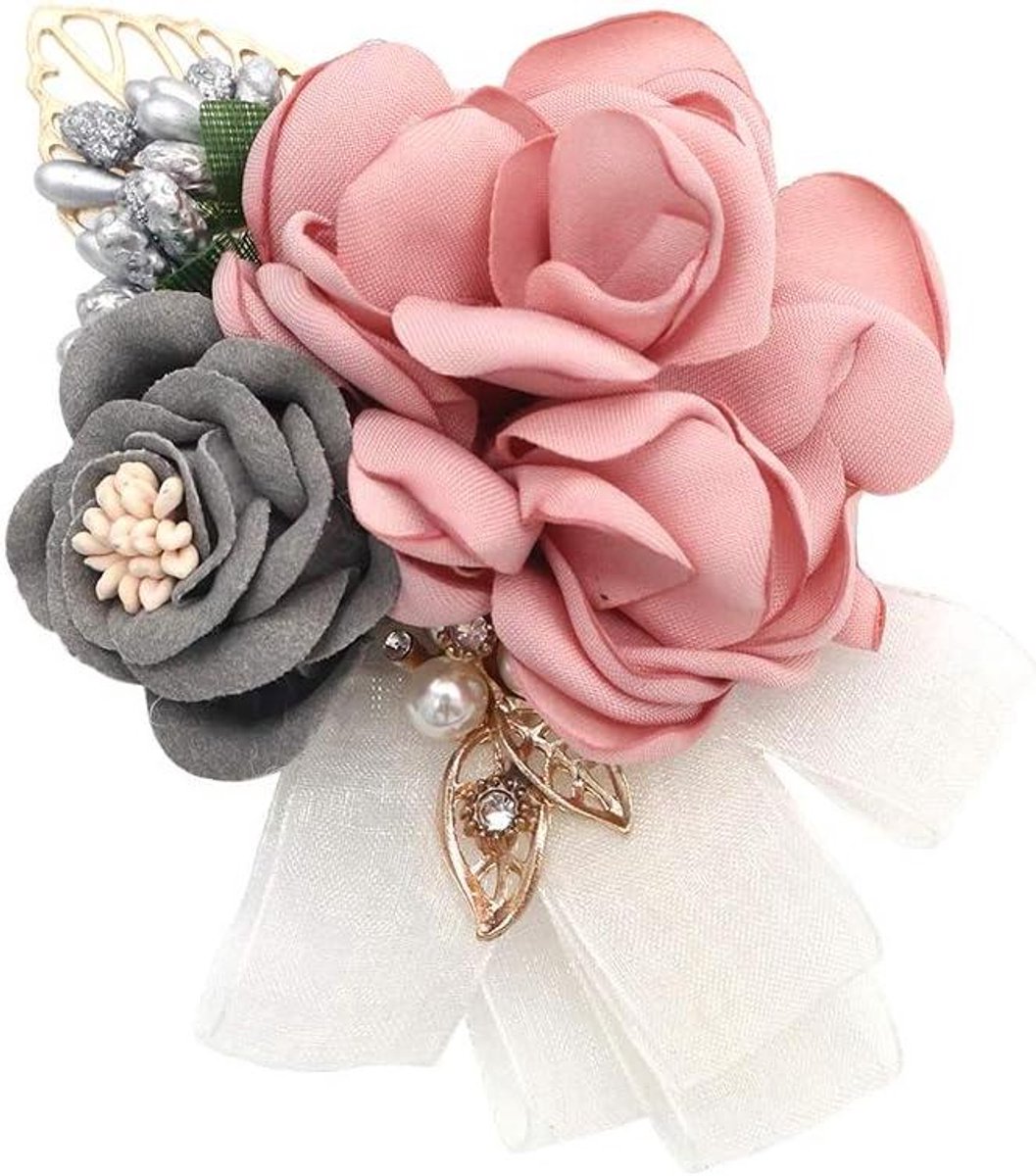 Bruiloft Corsage - Polsbloem Bruidsmeisje - Bruiloft Decoratie - Handgemaakt Satijnen Roos - 10x8cm - Champagne