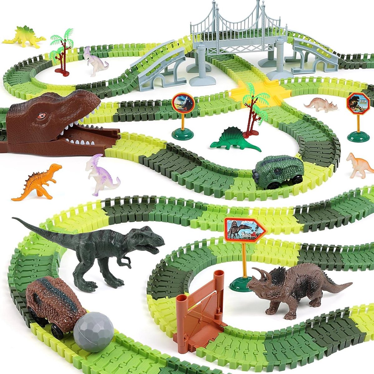 Dinosaurus Racebaan - Autobaan Speelgoed - Kinderen Laten Spelen - Flexibele Tracks - 240 Stuks - Multicolor