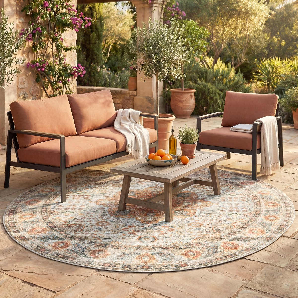 Fraai Rond binnen- en buitenkleed - Kairo Medaillon Creme/Meerkleurig - Ø 230cm
