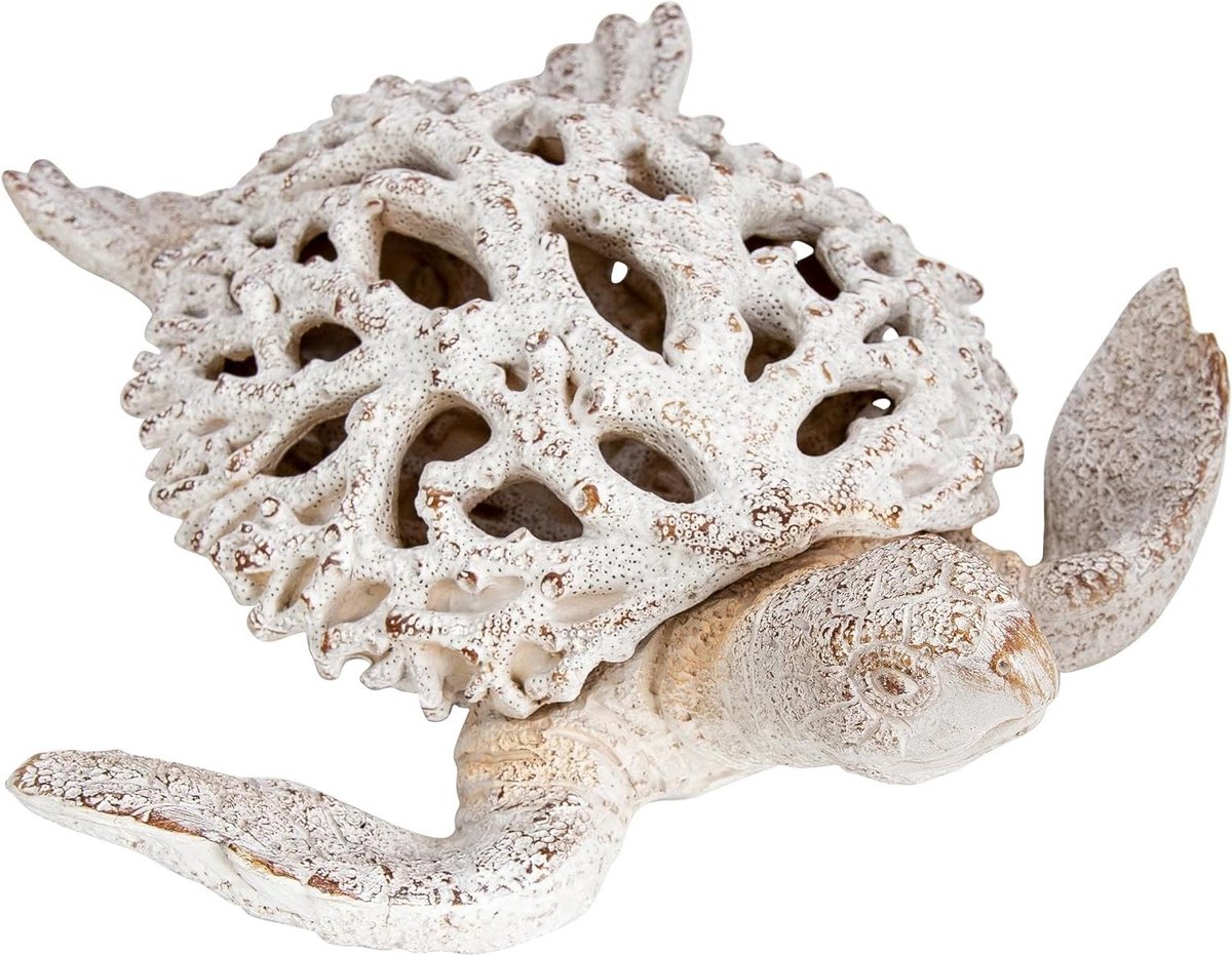 Zeeschildpad Decoratie - Koraal Beeldje - Kust Sfeer Creëren - Koraal Look - 9" x 9" - Wit