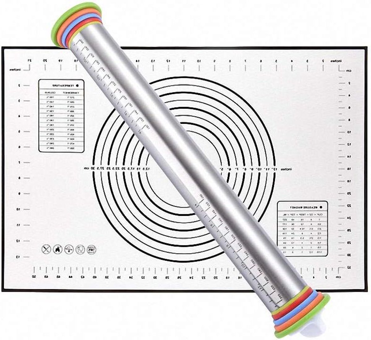 Deegroller en Mat - Bakroller Set - Deeg Uitrollen - Verstelbare Dikte Ringen - 60x40cm Mat - Zwart