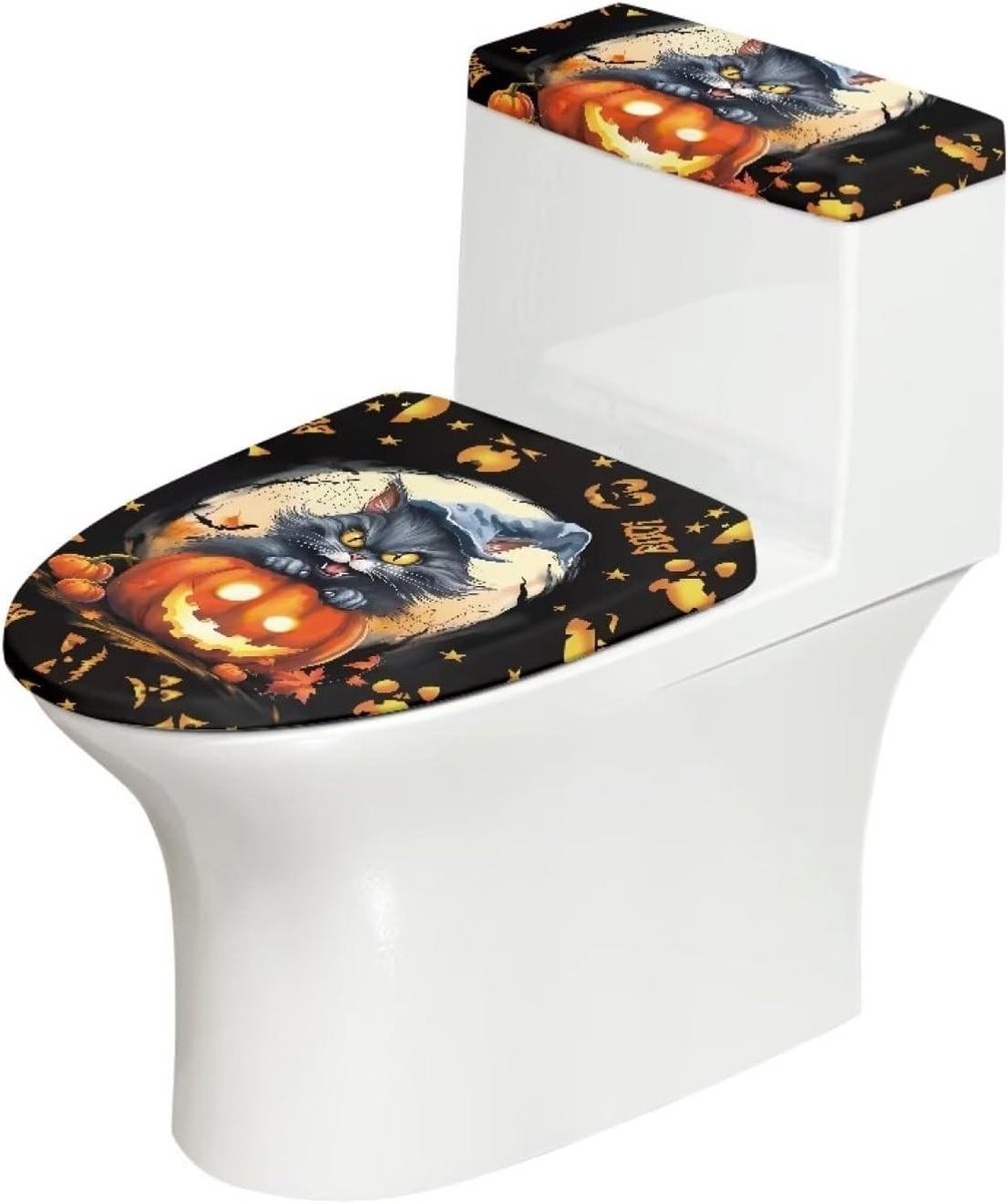 Toiletbril Hoezen Set - Toiletdecoratie Halloween - Badkamer Versieren - Elastische Band - Set van 2 - Halloween Kat Pompoen